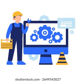 A professional web developer working with tools and gears on a computer, representing the process of website development and maintenance