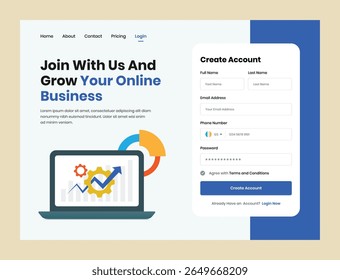 Cabeçalho web profissional com formulário de criação de conta e ilustração plana representante de crescimento empresarial 