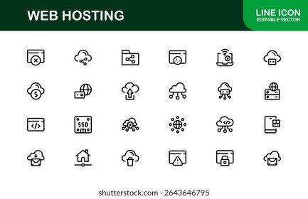 Ícones de Hospedagem Web Profissional com Servidor, Domínio e Elementos de Nuvem em Estilo Clean Line Art