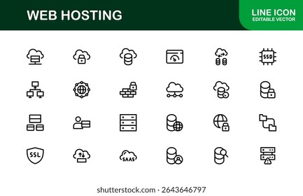 Ícones de Hospedagem Web Profissional com Servidor, Domínio e Elementos de Nuvem em Estilo Clean Line Art