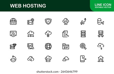 Ícones de Hospedagem Web Profissional com Servidor, Domínio e Elementos de Nuvem em Estilo Clean Line Art