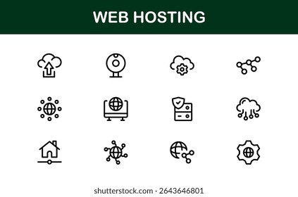 Professional Web Hosting Icons with Server, Domain, and Cloud Elements in Clean Line Art Style