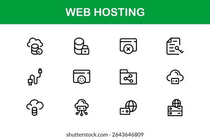 Professional Web Hosting Icons with Server, Domain, and Cloud Elements in Clean Line Art Style