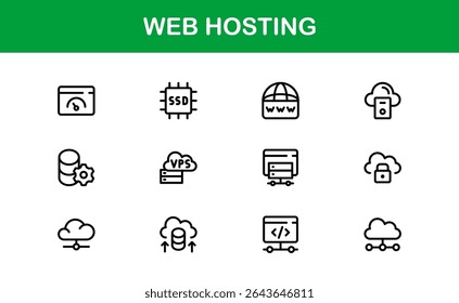 Ícones de Hospedagem Web Profissional com Servidor, Domínio e Elementos de Nuvem em Estilo Clean Line Art