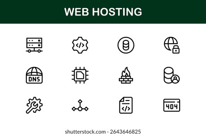 Ícones de Hospedagem Web Profissional com Servidor, Domínio e Elementos de Nuvem em Estilo Clean Line Art