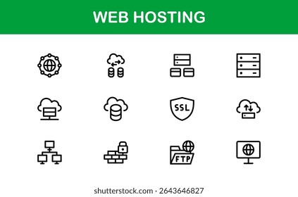 Ícones de Hospedagem Web Profissional com Servidor, Domínio e Elementos de Nuvem em Estilo Clean Line Art