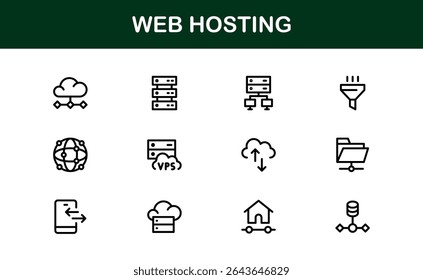 Ícones de Hospedagem Web Profissional com Servidor, Domínio e Elementos de Nuvem em Estilo Clean Line Art