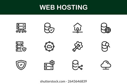 Ícones de Hospedagem Web Profissional com Servidor, Domínio e Elementos de Nuvem em Estilo Clean Line Art