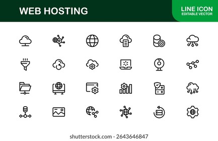 Ícones de Hospedagem Web Profissional com Servidor, Domínio e Elementos de Nuvem em Estilo Clean Line Art