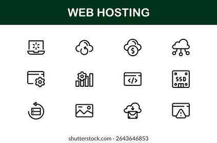 Ícones de Hospedagem Web Profissional com Servidor, Domínio e Elementos de Nuvem em Estilo Clean Line Art