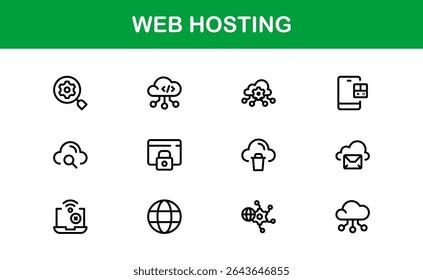 Ícones de Hospedagem Web Profissional com Servidor, Domínio e Elementos de Nuvem em Estilo Clean Line Art