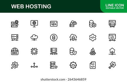 Ícones de Hospedagem Web Profissional com Servidor, Domínio e Elementos de Nuvem em Estilo Clean Line Art