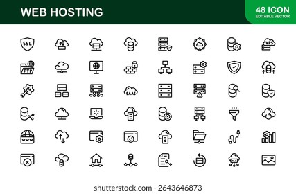 Ícones de Hospedagem Web Profissional com Servidor, Domínio e Elementos de Nuvem em Estilo Clean Line Art