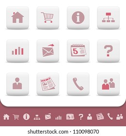Professional web icons on white buttons. Vector set 1. Home, shopping cart, info, site map, chart, email, calendar, question, profile, avatar, news paper, telephone, contact, people, network symbols