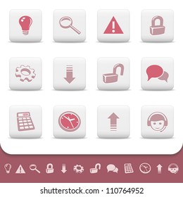 Professionelle Web-Symbole auf weißen Schaltflächen. Vektorset 2. Glühbirne, Lupe, Warnung, Vorhänge, Zahnräder, Pfeil, Forum, Sprachblase, Taschenrechner, Uhr, Call Center-Symbole für Ihre Website