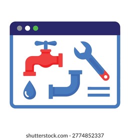 A professional web interface concept featuring plumbing repair services. Icons include a red faucet, blue wrench, pipe connection, and water drop for home maintenance.