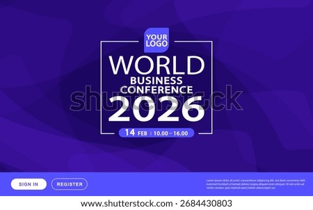 A professional website banner template for a world business conference or corporate summit. The formal design features a dark purple background with abstract fluid shapes and clean layout for an event