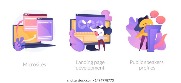 Serviço profissional de criação de sites. Rede de comunicação via Internet. Microsites, desenvolvimento de página de destino, metáforas de perfis de oradores públicos. Ilustrações de metáfora de conceito isolado vetorial