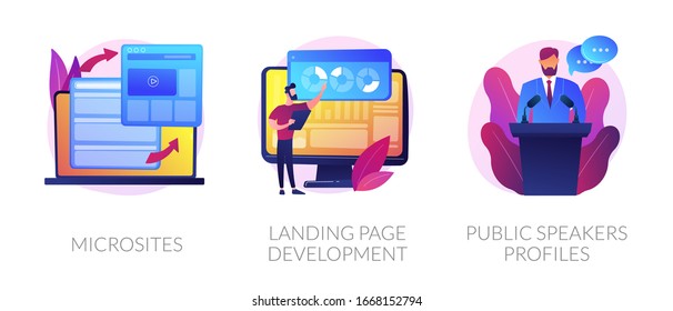 Professional website creation service. Internet communication network. Microsites, landing page development, public speakers profiles metaphors. Vector isolated concept metaphor illustrations