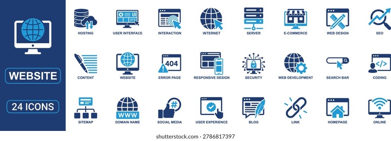 Professional website icon set collection in solid style featuring web design, internet technology, SEO optimization, hosting services, server systems, homepage layouts, e commerce platforms, responsive design, user interface, website development, security protection, domain names, search bars, coding, content management, social media integration, blogging, online services, and digital communication symbols. Perfect for websites, mobile apps, SaaS dashboards, development tools, UI UX projects, and online business platforms. High quality vector icons for modern web technology concepts.
