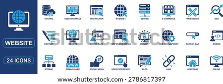 Professional website icon set collection in solid style featuring web design, internet technology, SEO optimization, hosting services, server systems, homepage layouts, e commerce platforms, responsive design, user interface, website development, security protection, domain names, search bars, coding, content management, social media integration, blogging, online services, and digital communication symbols. Perfect for websites, mobile apps, SaaS dashboards, development tools, UI UX projects, and online business platforms. High quality vector icons for modern web technology concepts.