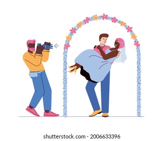 Professional wedding photographer with digital camera takes pictures of groom holding bride in arms. Photo shoot for happy newly married couple posing to photographer. Vector.