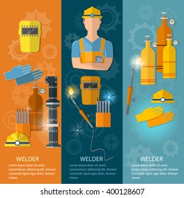 Professional welder banner welding tools and equipment vector illustration 