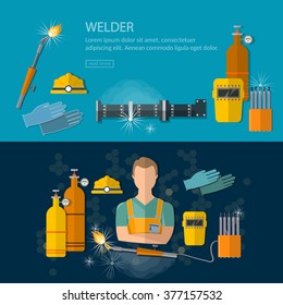 Professional welder banners welding tools and equipment vector illustration 