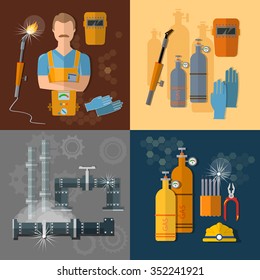 Professional welder gas welding tools and equipment vector set 