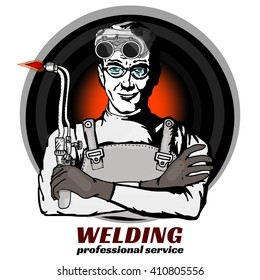 Professional welder sticker circle pop art welding industry welder industrial worker at the factory vector illustration 