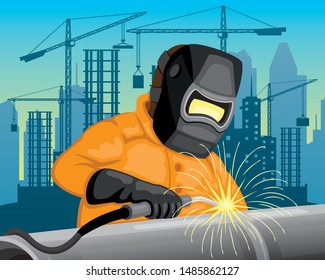 Professional welder welds a pipeline against the backdrop of a building landscape.