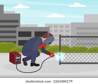 Professional welder at work. Male worker in protective mask and gloves welding metal steel frame cartoon vector