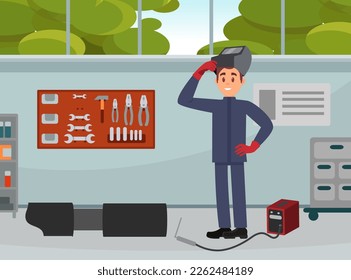 Soldador profesional en el trabajo. Trabajador con máscara protectora y guantes con vectores de caricatura de máquina de soldadura