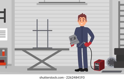 Professional welder at work. Worker with protective mask and gloves cartoon vector