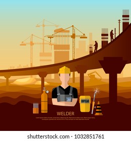 Professional welder working vector Illustration. Construction bridge.  