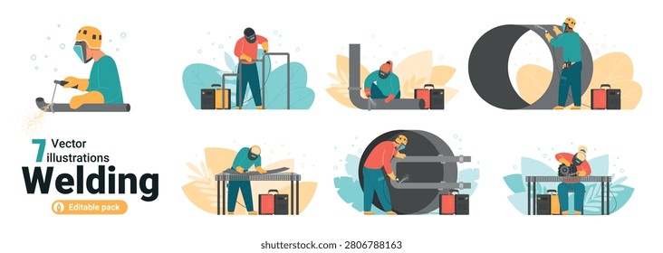 Professional welders in protective gear welding metal pipes and steel pipelines in various industrial positions, using equipment, sparks and safety helmets, isolated on white vector illustration