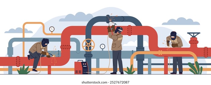 Professional welders work. People in protective masks, gloves welding pipeline, metal structures connection, man working on factory cartoon flat isolated nowaday vector concept