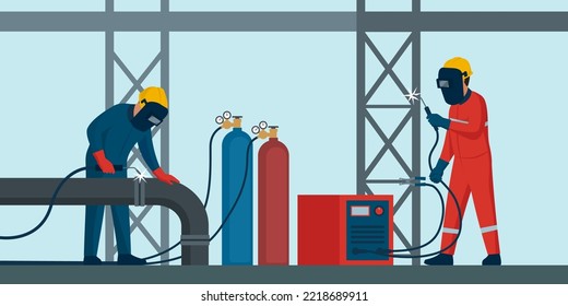 Professional welders at work, they are welding a pipe and a steel frame