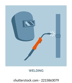 Professional welding service, concept icon with welding mask, torch and metal pipe