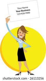 Professional white woman holding white sign with yellow background