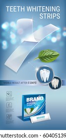 Professional Whitening Stripes ads. Vector 3d Illustration with dental bleaching whiter and mint. Vertical banner with product. 