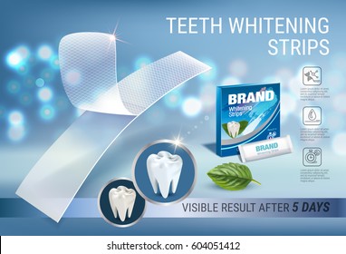 Professional Whitening Stripes ads. Vector 3d Illustration with dental bleaching whiter and mint. Horizontal banner with product. 