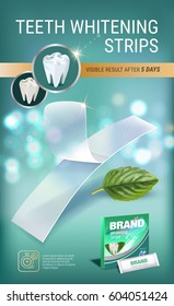 Professional Whitening Stripes ads. Vector 3d Illustration with dental bleaching whiter and mint. Vertical banner with product. 