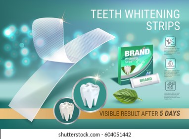 Professional Whitening Stripes ads. Vector 3d Illustration with dental bleaching whiter and mint. Horizontal banner with product. 