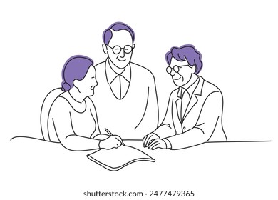 Professional who provides inheritance advice to elderly couples, doodle continuous line art vector illustration.