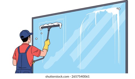 Professional window cleaner using a squeegee tool to wash a large glass surface on a bright sunny day