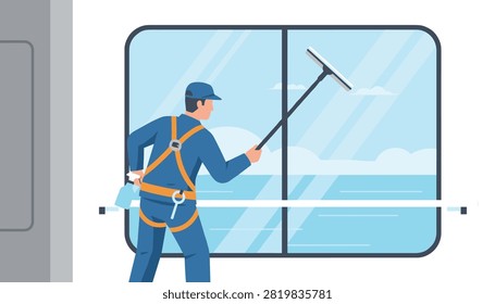Professional window cleaner working on a building facade with a squeegee and safety harness.