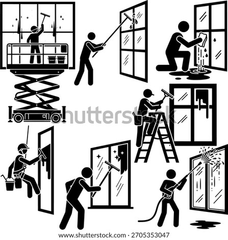 Professional Window Cleaner Working with Various Tools and Equipment Pictogram Set