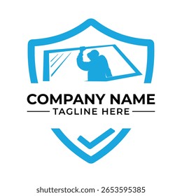 Design de logotipo de serviço de limpeza de janela profissional em forma de escudo azul para fins de negócios de marca e publicidade com texto editável