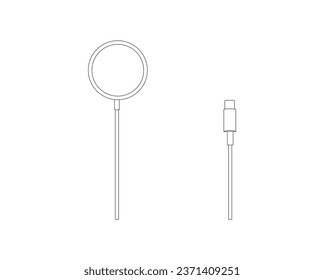 Professional Wireless Charger Vector isolated on clear background. Professional Wireless Charger Vector Line Drawing. linear vector illustration. Wireless Charger, Cable Charge, USB Type-C Cable.